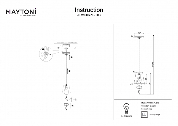 Светильник подвесной Maytoni Roma ARM006PL-01G