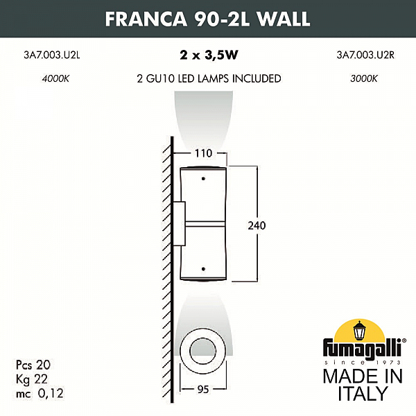 Уличный настенный светильник Fumagalli Franca 90 3A7.003.000.AXU2L